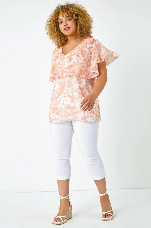 Coral Curve Floral VNeck Chiffon Overlay Top Women Roman Tops