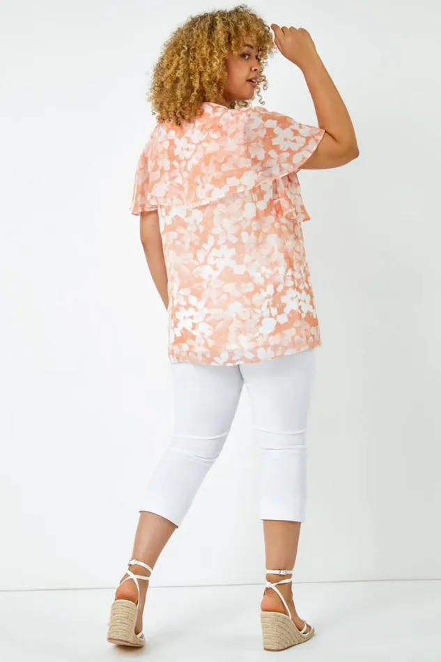 Coral Curve Floral VNeck Chiffon Overlay Top Women Roman Tops