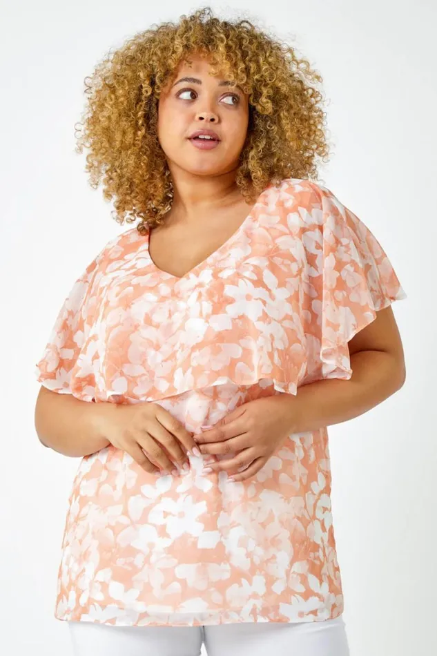 Coral Curve Floral VNeck Chiffon Overlay Top Women Roman Tops