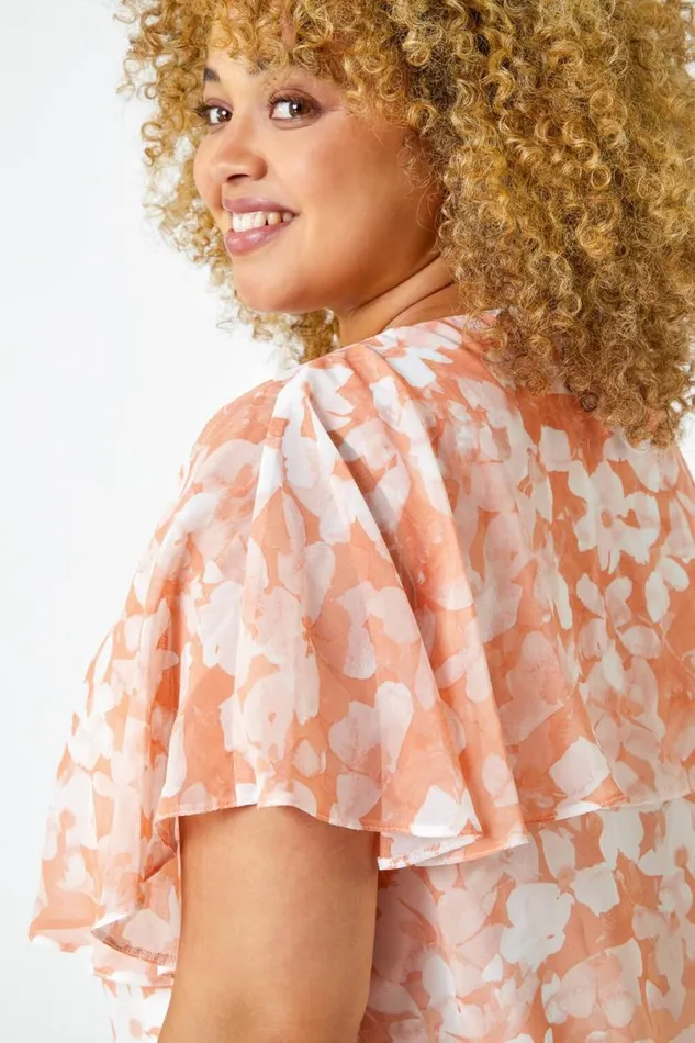 Coral Curve Floral VNeck Chiffon Overlay Top Women Roman Tops