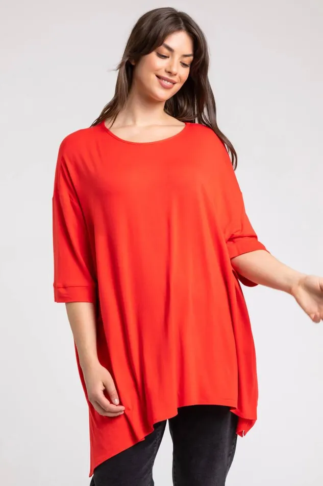 Coral Curve Plain Hanky Hem Top Women Roman Tops
