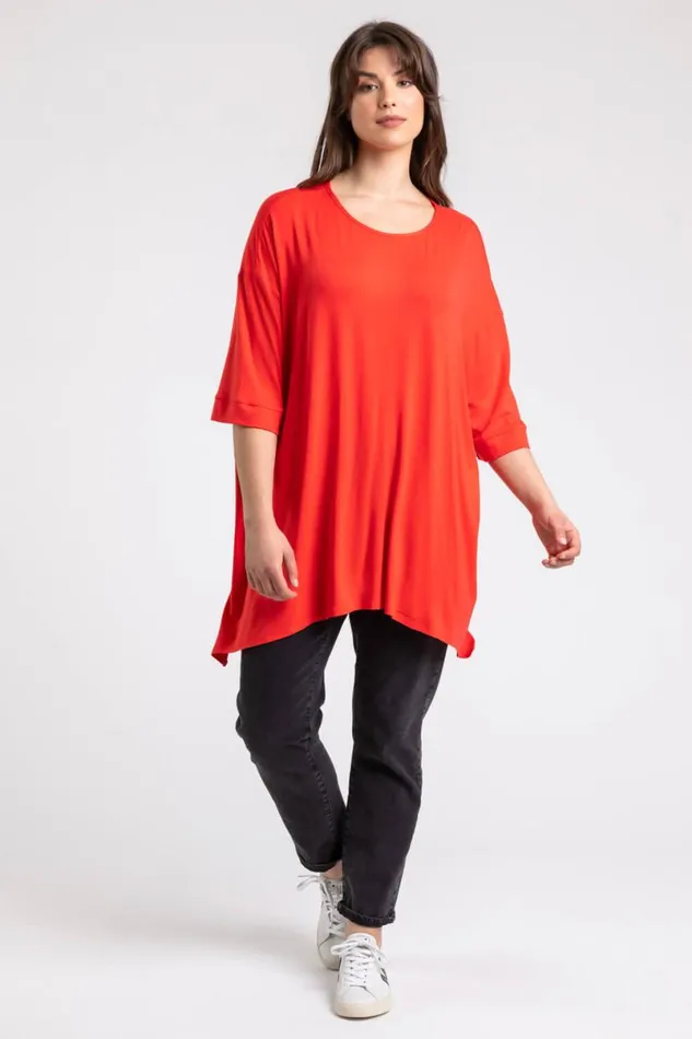 Coral Curve Plain Hanky Hem Top Women Roman Tops