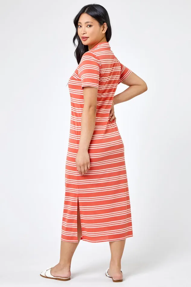 Coral Petite Stripe Print Polo Shirt Dress Women Roman Dresses