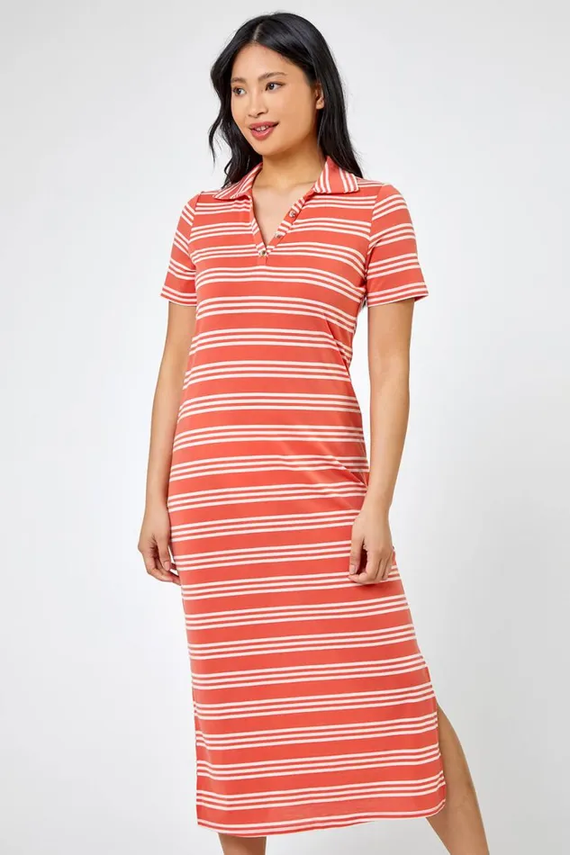 Coral Petite Stripe Print Polo Shirt Dress Women Roman Dresses