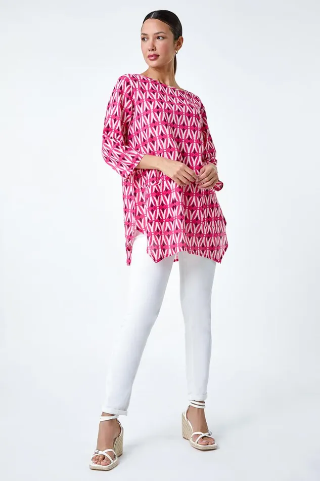 Cotton Geometric Pocket Longline Tunic Top Women Roman Tops