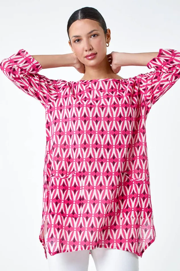 Cotton Geometric Pocket Longline Tunic Top Women Roman Tops