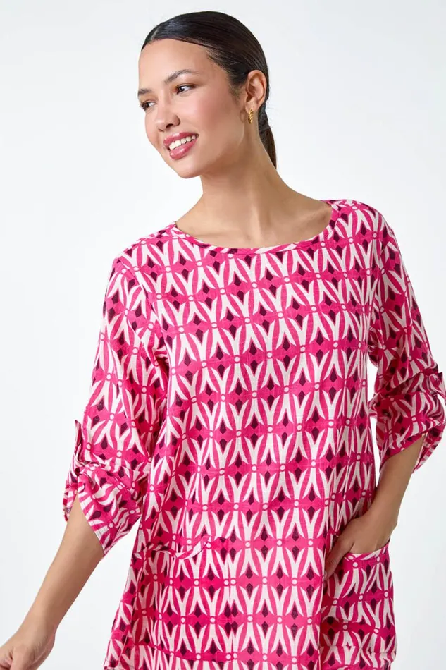Cotton Geometric Pocket Longline Tunic Top Women Roman Tops