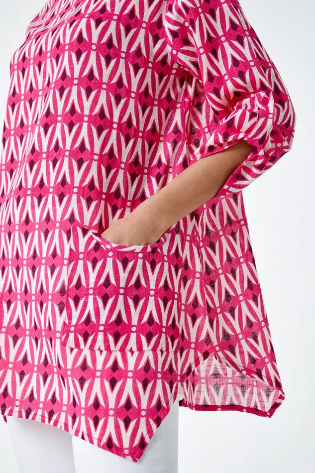 Cotton Geometric Pocket Longline Tunic Top Women Roman Tops