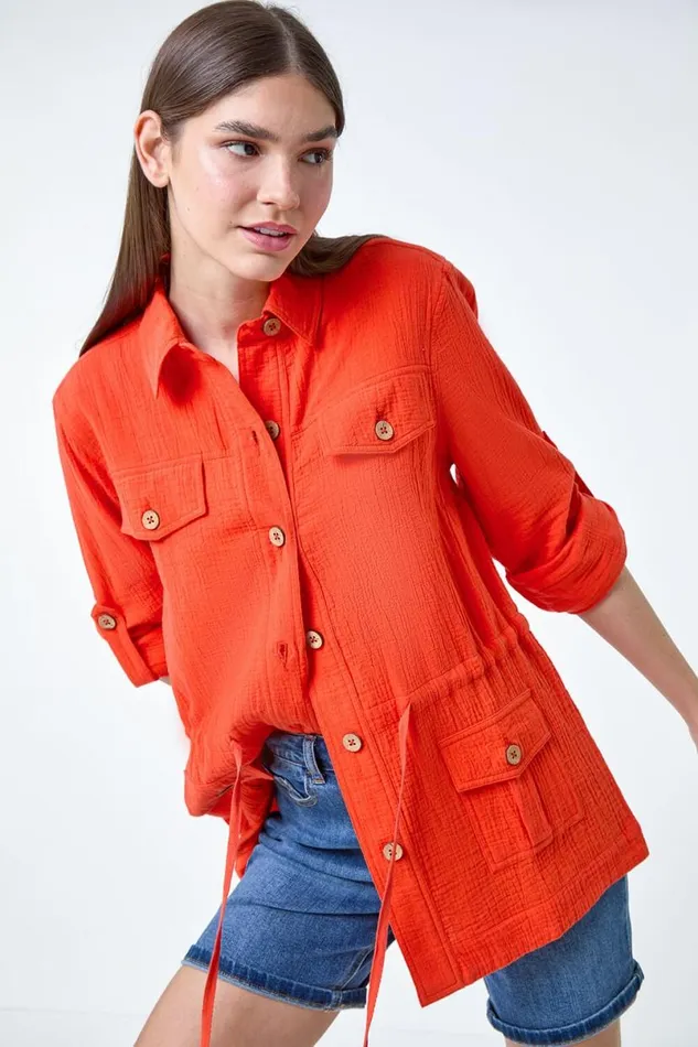 Dark Orange 34 Sleeve Textured Tie Waist Shirt Jacket Women Roman Tops