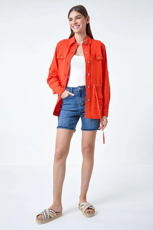Dark Orange 34 Sleeve Textured Tie Waist Shirt Jacket Women Roman Tops