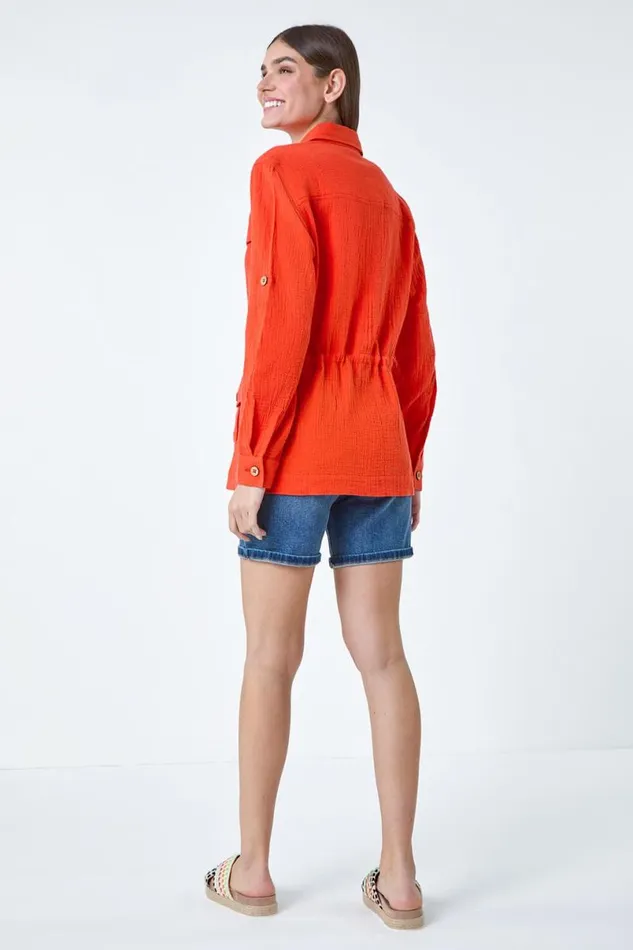 Dark Orange 34 Sleeve Textured Tie Waist Shirt Jacket Women Roman Tops