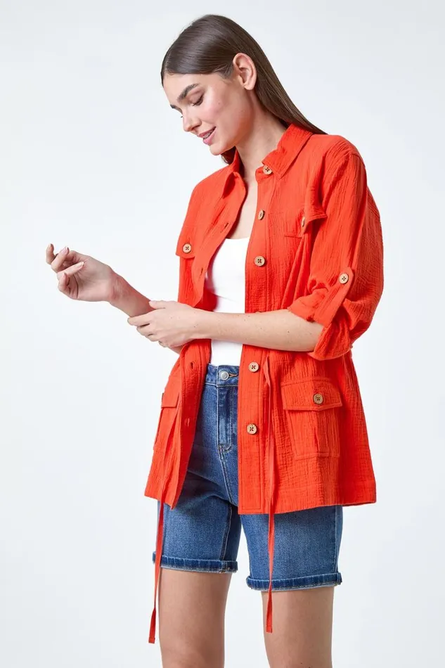 Dark Orange 34 Sleeve Textured Tie Waist Shirt Jacket Women Roman Tops