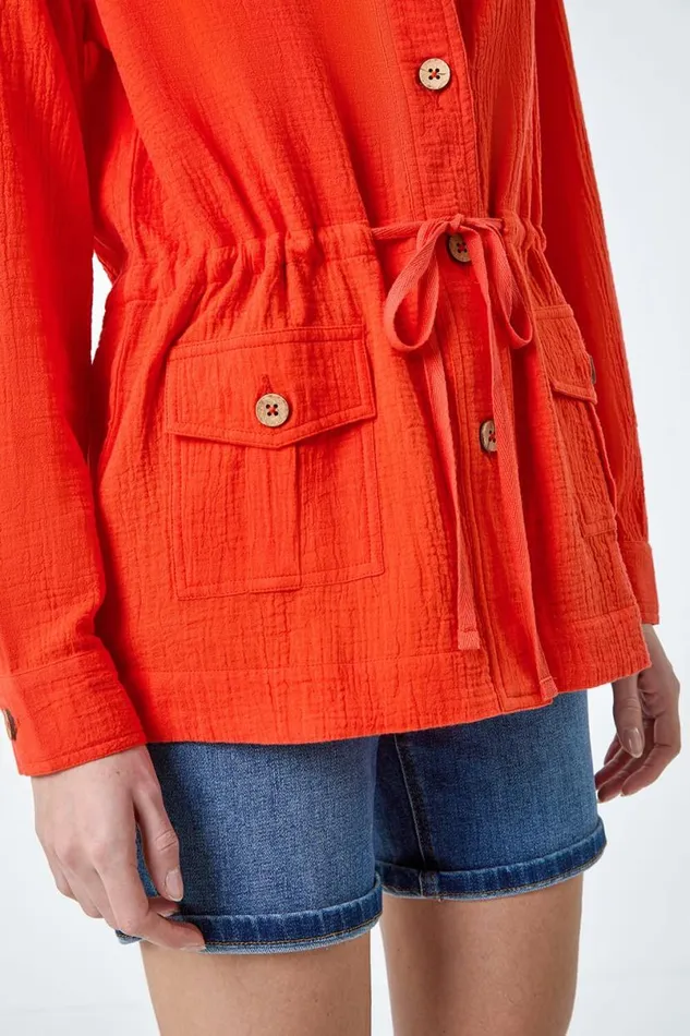 Dark Orange 34 Sleeve Textured Tie Waist Shirt Jacket Women Roman Tops