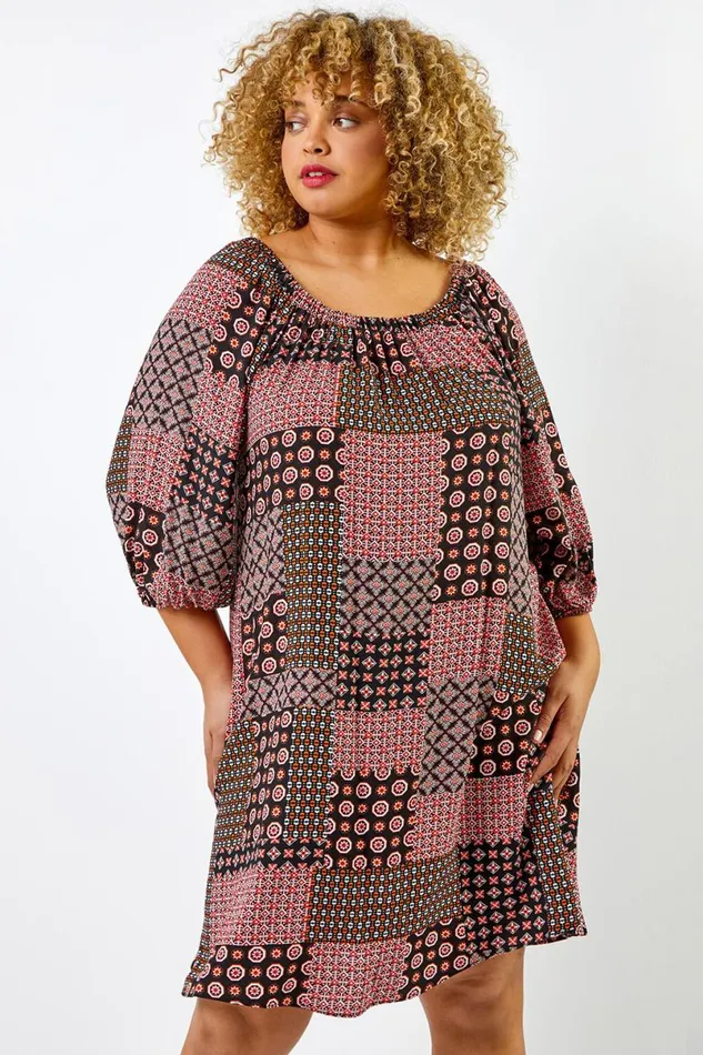 Dark Orange Curve Geo Print Longline Tunic Women Roman Dresses