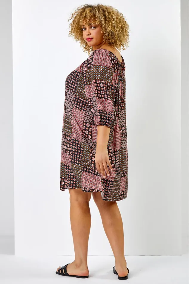 Dark Orange Curve Geo Print Longline Tunic Women Roman Dresses