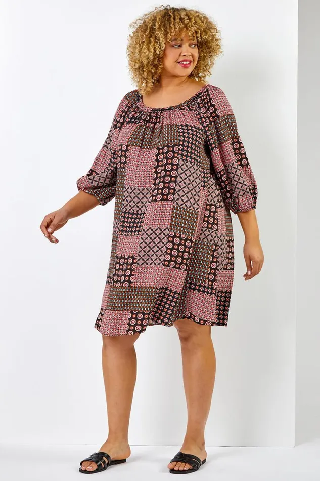 Dark Orange Curve Geo Print Longline Tunic Women Roman Dresses