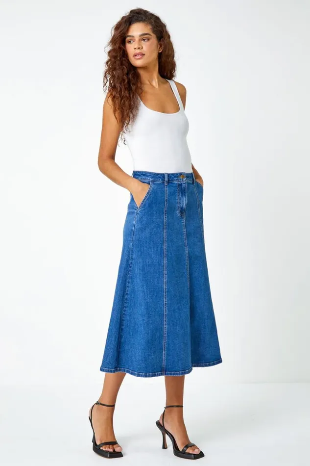 Denim Cotton Denim Panelled Midi Skirt Women Roman Skirts