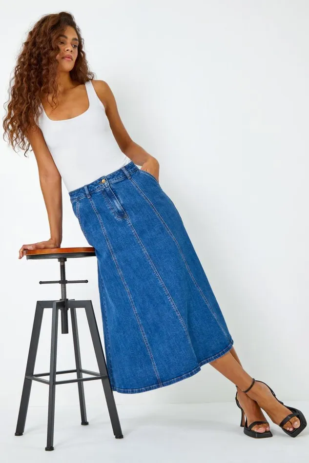 Denim Cotton Denim Panelled Midi Skirt Women Roman Skirts
