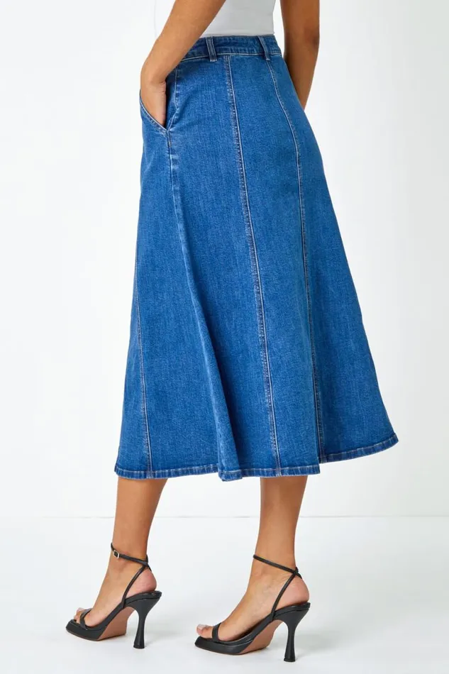 Denim Cotton Denim Panelled Midi Skirt Women Roman Skirts
