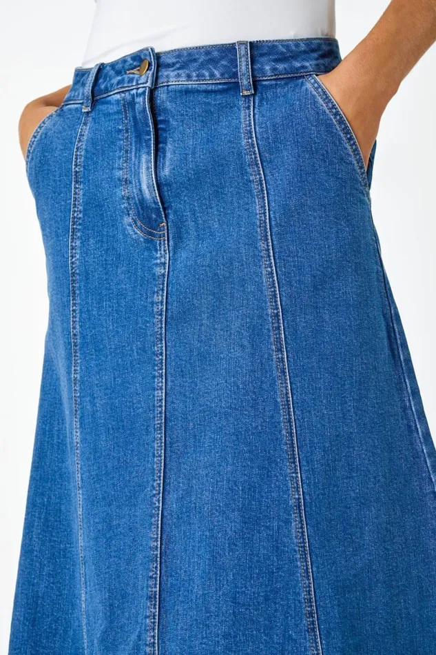 Denim Cotton Denim Panelled Midi Skirt Women Roman Skirts