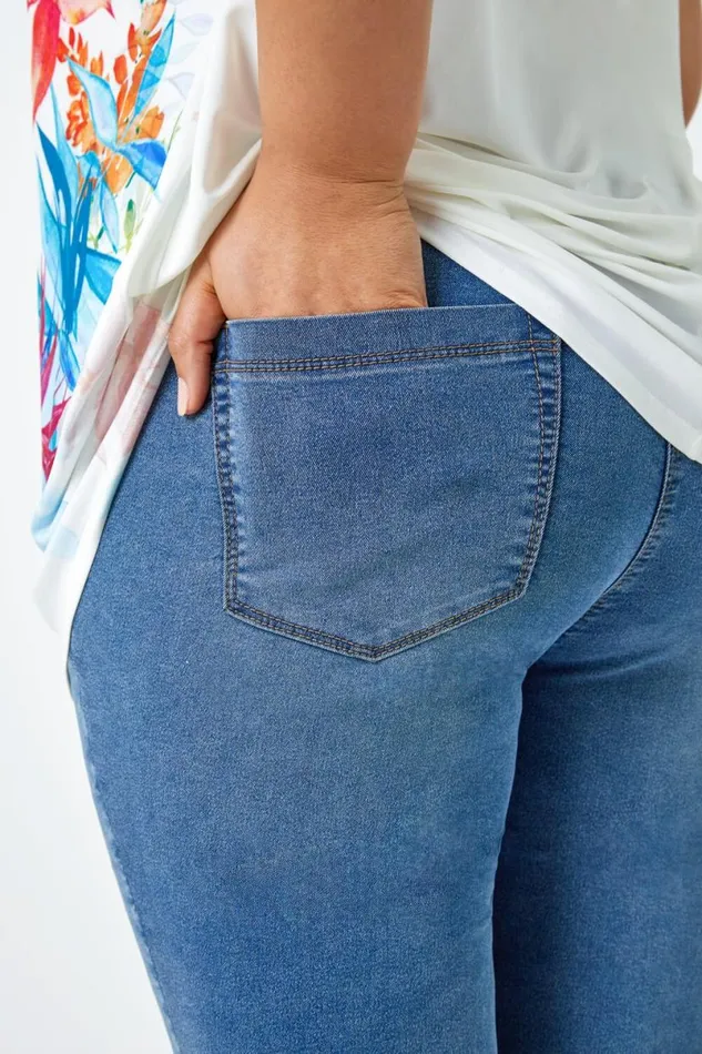 Denim Curve Elastic Waist Cropped Denim Jeggings Women Roman Coords