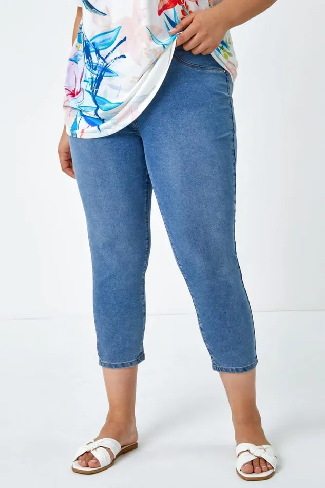 Denim Curve Elastic Waist Cropped Denim Jeggings Women Roman Coords