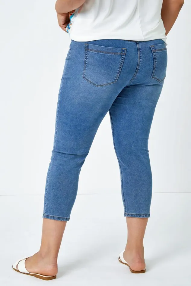 Denim Curve Elastic Waist Cropped Denim Jeggings Women Roman Coords