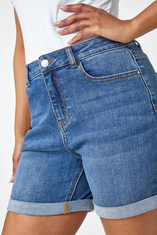 Denim Petite Cotton Blend Stretch Shorts Women Roman Trousers