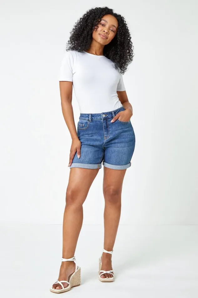 Denim Petite Cotton Blend Stretch Shorts Women Roman Trousers