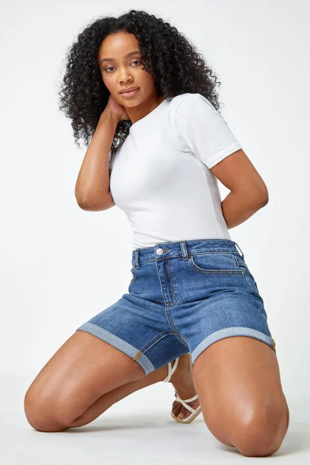 Denim Petite Cotton Blend Stretch Shorts Women Roman Trousers