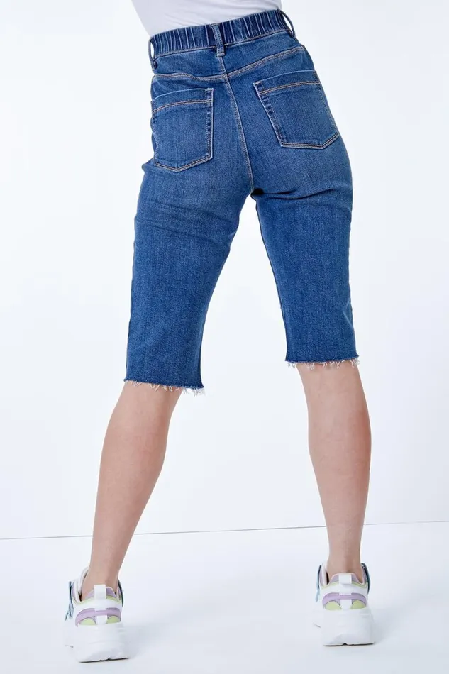 Denim Raw Hem Knee Length Shorts Women Roman Shorts