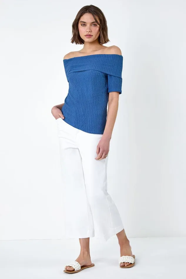 Denim Textured Stretch Bardot Top Women Roman Tops