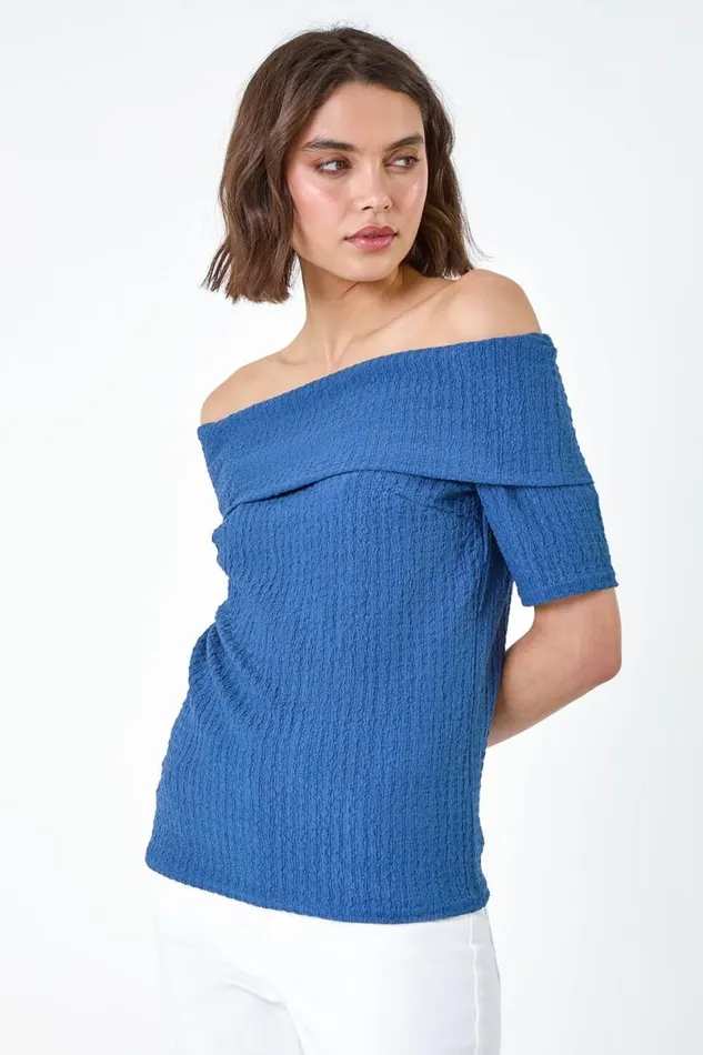 Denim Textured Stretch Bardot Top Women Roman Tops