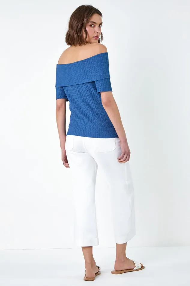 Denim Textured Stretch Bardot Top Women Roman Tops