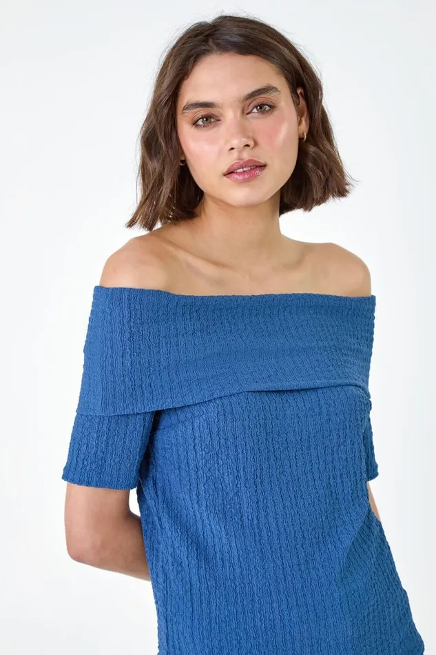 Denim Textured Stretch Bardot Top Women Roman Tops