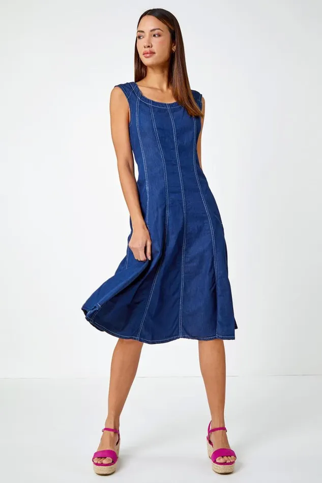 Denim Top Stitch Skater Dress Women Roman Dresses