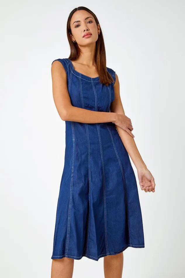 Denim Top Stitch Skater Dress Women Roman Dresses