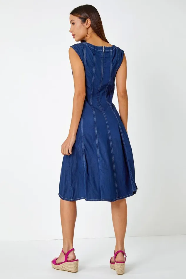 Denim Top Stitch Skater Dress Women Roman Dresses