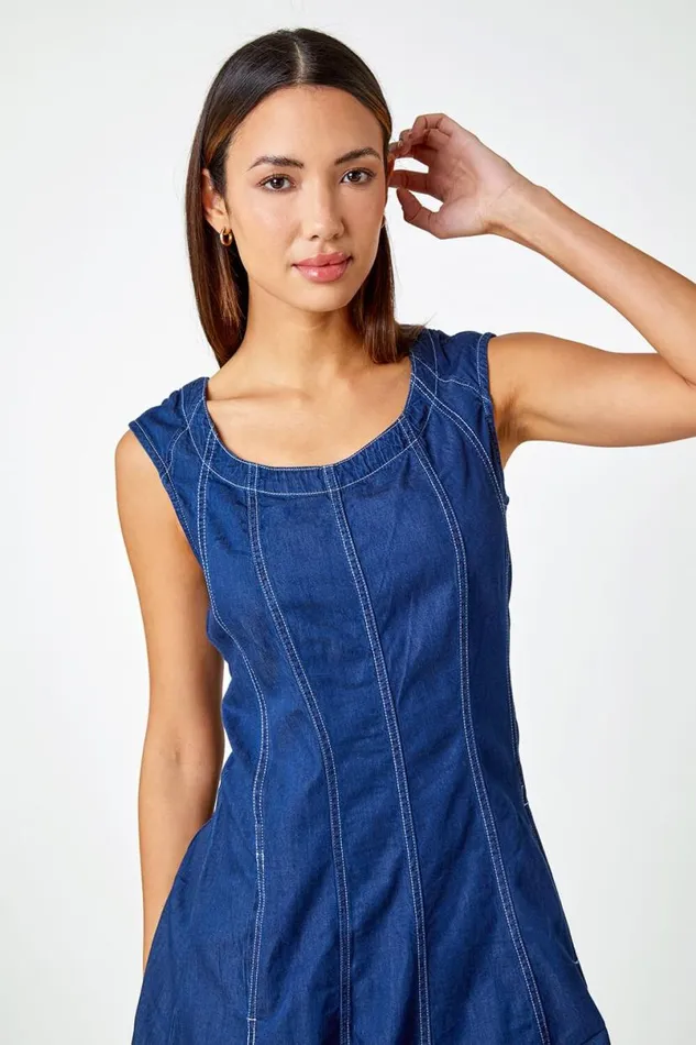 Denim Top Stitch Skater Dress Women Roman Dresses