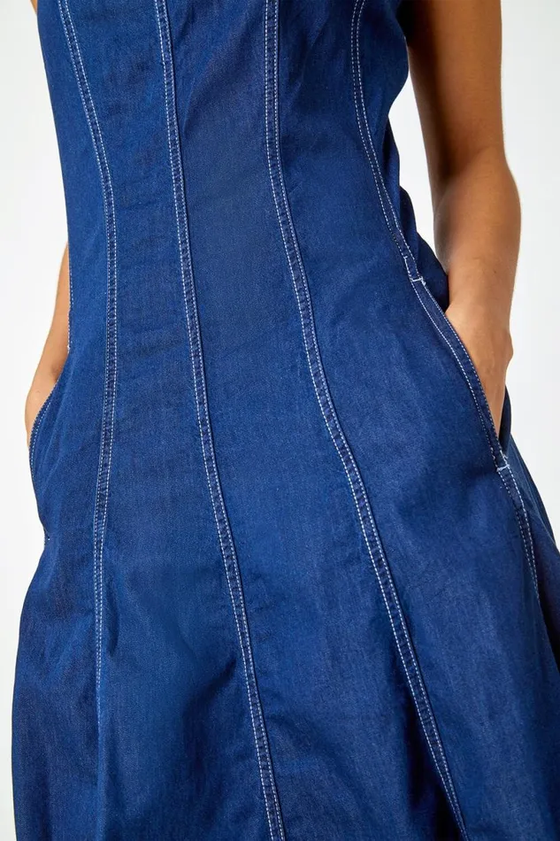 Denim Top Stitch Skater Dress Women Roman Dresses
