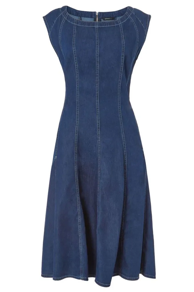 Denim Top Stitch Skater Dress Women Roman Dresses