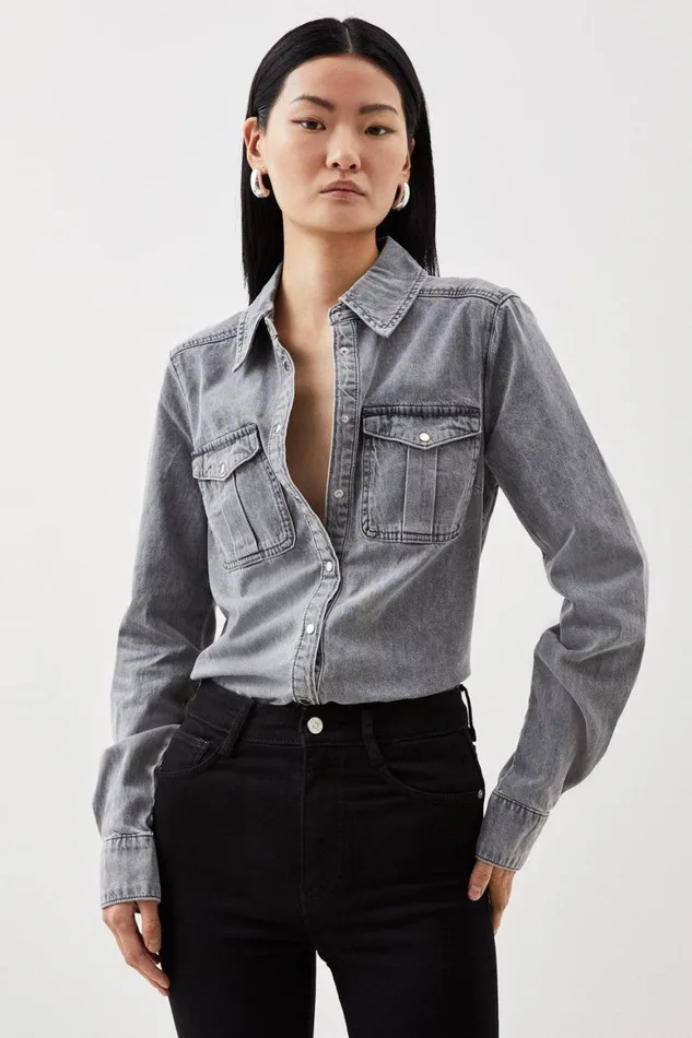 Denim Women Karen Millen Denim Pocket Detail Relaxed Shirt Grey
