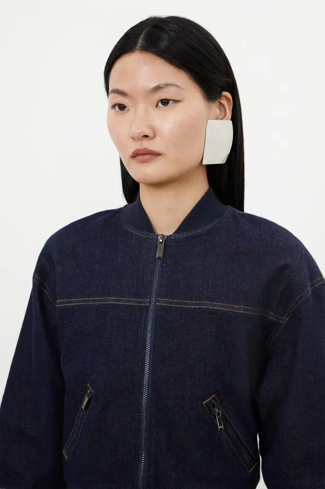 Denim Women Karen Millen Stonewashed Stretch Denim Woven Bomber Jacket Stonewash