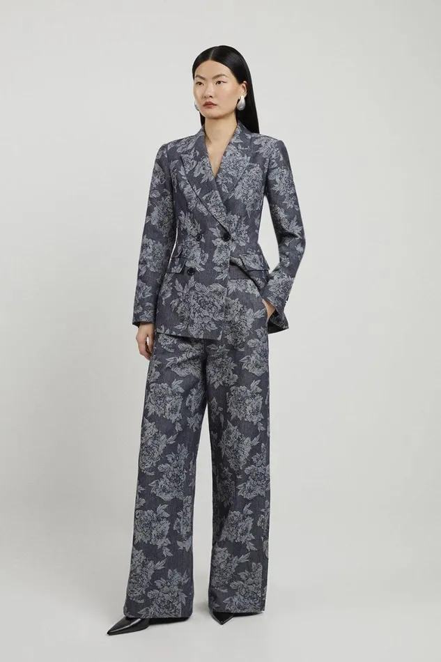 Denim Women Karen Millen Tailored Floral Denim Pleated Wide Leg Trousers Denim