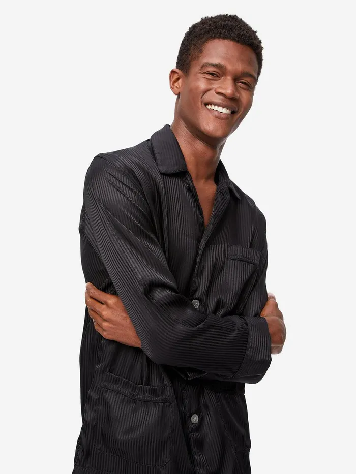 Derek Rose Classic Fit Pajamas Woburn 8 Silk Satin Black Men Long Pajamas