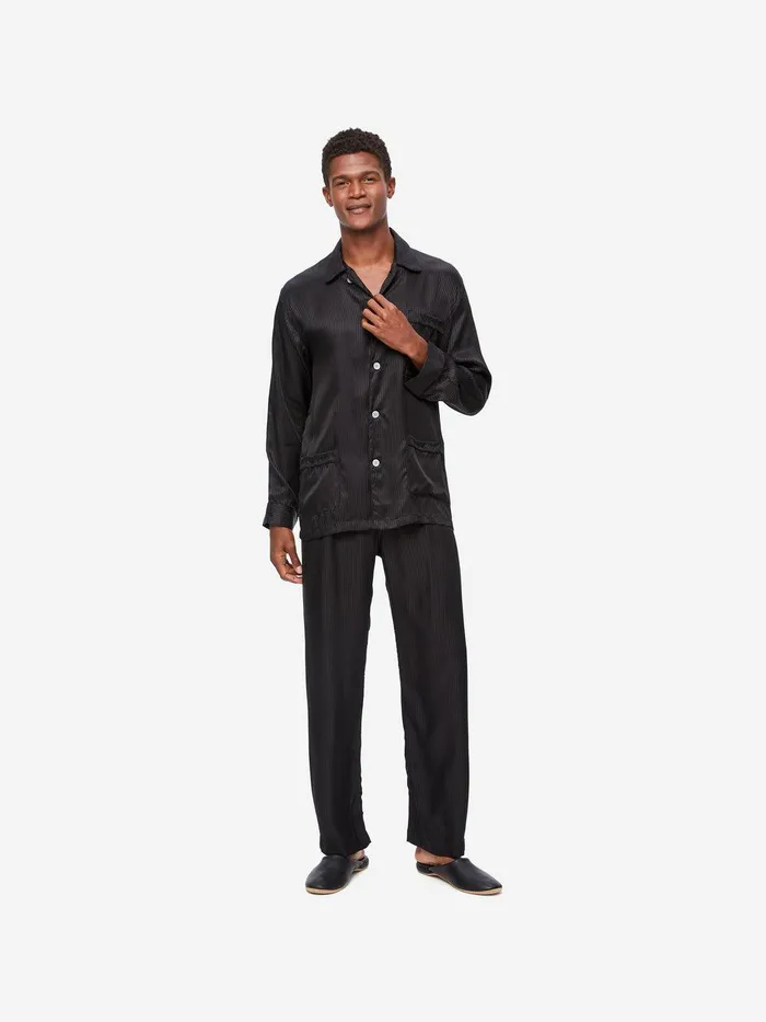 Derek Rose Classic Fit Pajamas Woburn 8 Silk Satin Black Men Long Pajamas