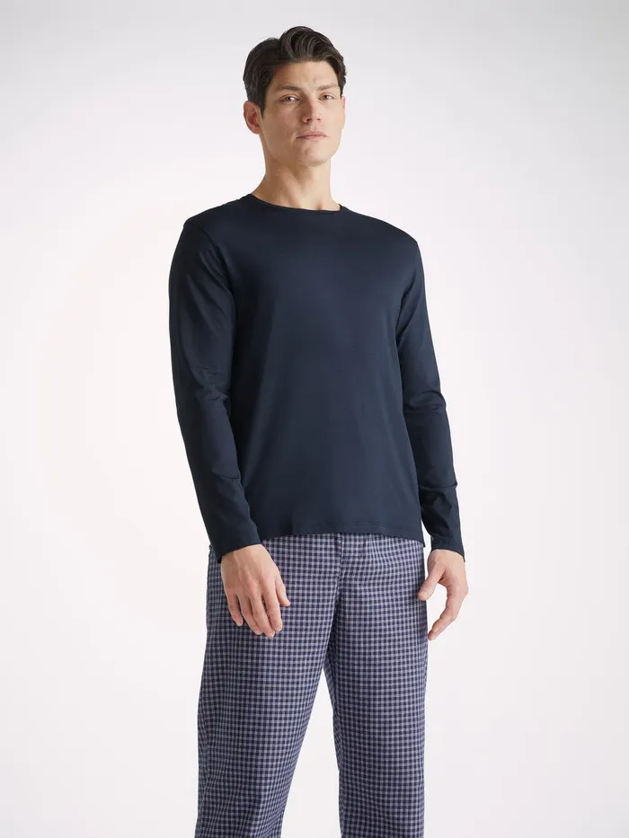 Derek Rose Long Sleeve TShirt Basel Micro Modal Stretch Navy Men Long Sleeve TShirts