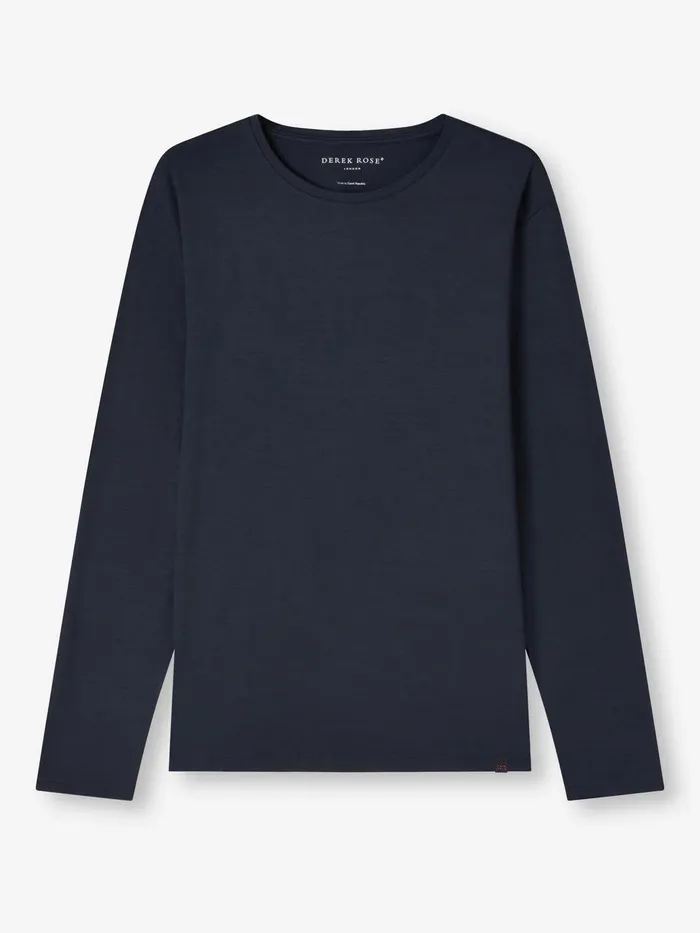 Derek Rose Long Sleeve TShirt Basel Micro Modal Stretch Navy Men Long Sleeve TShirts