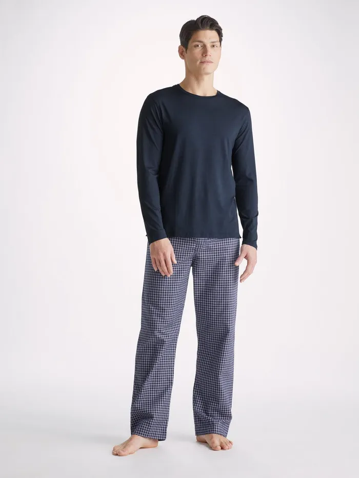 Derek Rose Long Sleeve TShirt Basel Micro Modal Stretch Navy Men Long Sleeve TShirts
