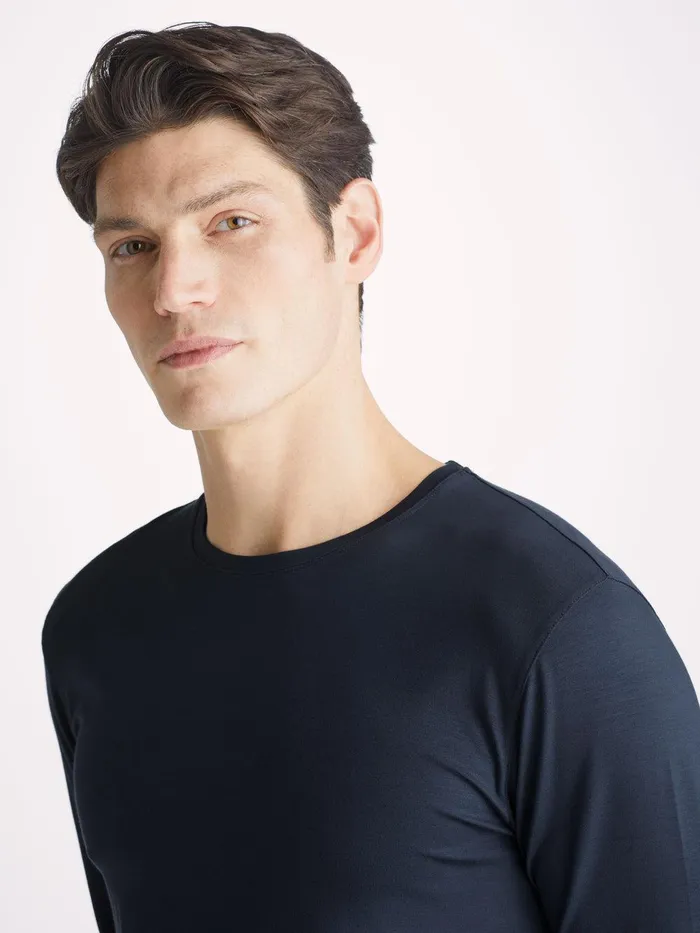 Derek Rose Long Sleeve TShirt Basel Micro Modal Stretch Navy Men Long Sleeve TShirts